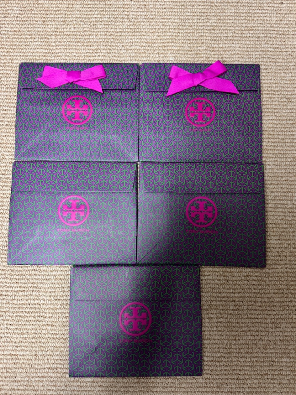 Lot of 5 Tory Burch Paper Gift Shopping Bags Purple & Green Pink - 2 with Bows